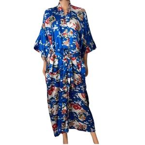 NWOT Blue Japanese Print Kimono Robe Belted Long Lounge Duster OS